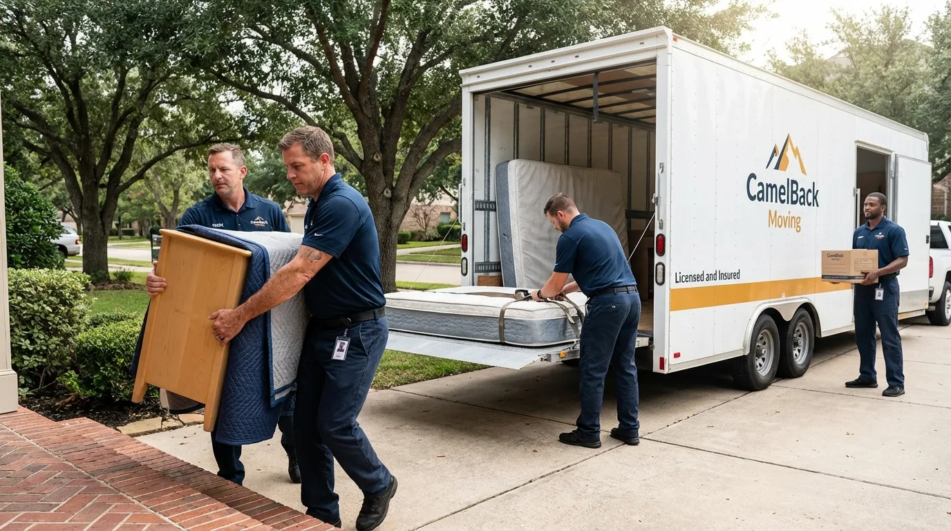 Crew loading residential truck for cross-state move from Haughton, LA