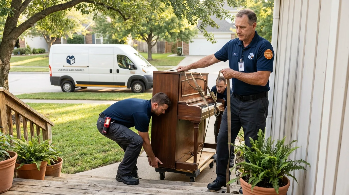 Licensed piano movers securing grand piano in Haughton, LA