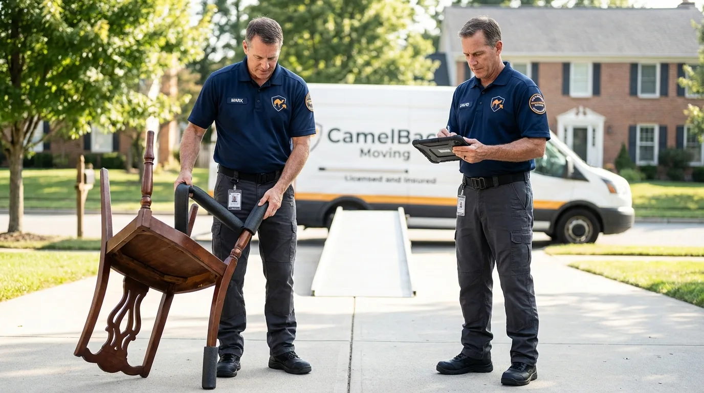 Movers inspecting furniture for damage prevention before loading in Haughton, LA